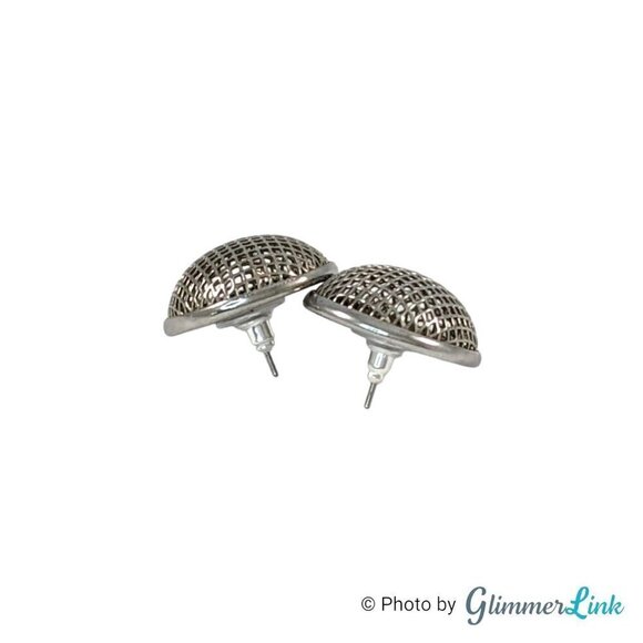 Geometric Silver Tone Round Mesh Windscreen Button Dome Post Earrings - Picture 4 of 8